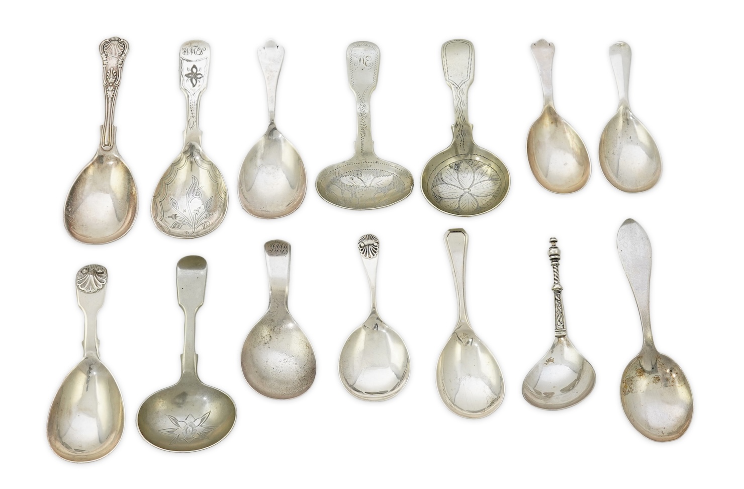 Nine assorted 19th century and later silver and white metal caddy spoons